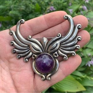 Sterling silver 925 Mexico old taxco owl brooch pin amethyst jelly belly